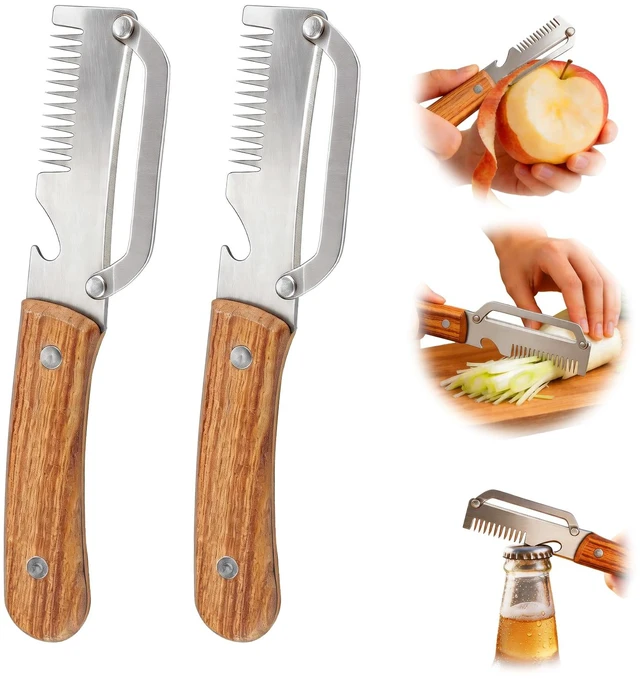Main image of Vegetable Peeler, 3-in-1 Julienne Peeler with Wooden Handle and Bottle Opener, Multifunctional Kitchen Tool for Potato Carrot Cucumber Pumpkin Squash Fruit(2 Pack)