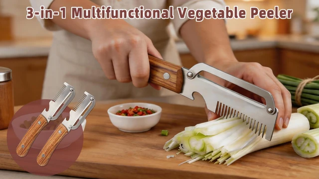 Alt view image 2 of 5 - Vegetable Peeler, 3-in-1 Julienne Peeler with Wooden Handle and Bottle Opener, Multifunctional Kitchen Tool for Potato Carrot Cucumber Pumpkin Squash Fruit(2 Pack)