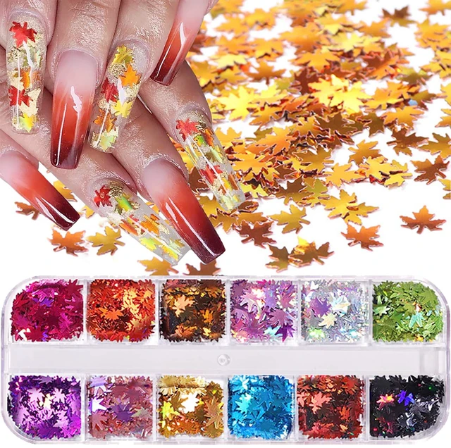 Main image of 12 Colors Fall Leaf Glitter Nail Sequins - 3D Maple Leaf Holographic Nail Art Flakes Colorful Confetti Glitter Sticker Decals Manicure Nail Art Design Makeup DIY Christmas Decorations