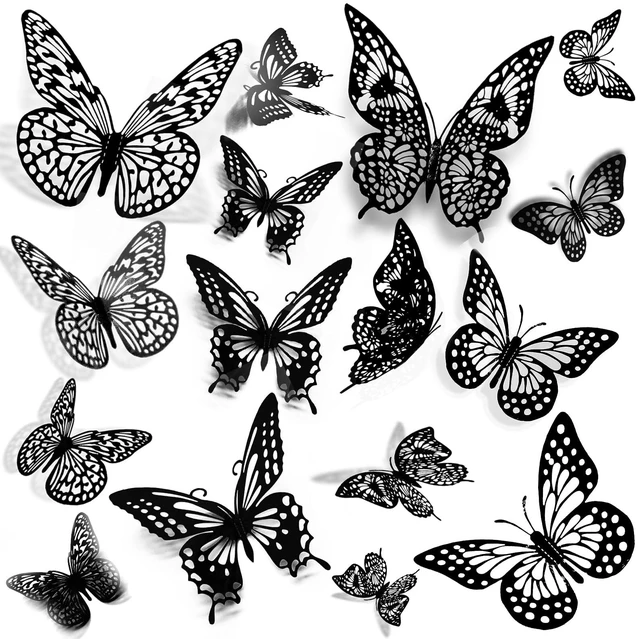 Main image of JOSDIOX 3D Black Butterfly Wall Stickers, 48 Pcs | 4 Styles & 3 Sizes, Removable Decor, Party Birthday Wedding Cake Balloon Decoration