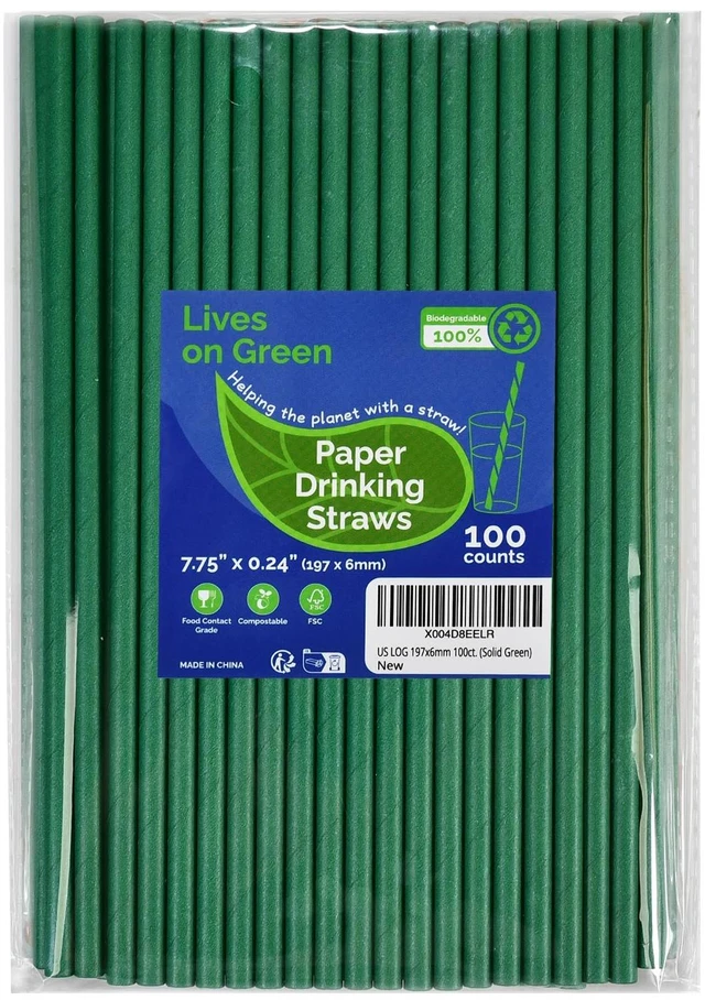 Main image of 7.75" Solid Green Paper Straws for Drinks, Cocktail, Party 100ct Disposable