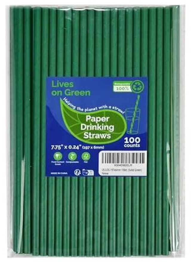 Alt view image 2 of 6 - 7.75" Solid Green Paper Straws for Drinks, Cocktail, Party 100ct Disposable