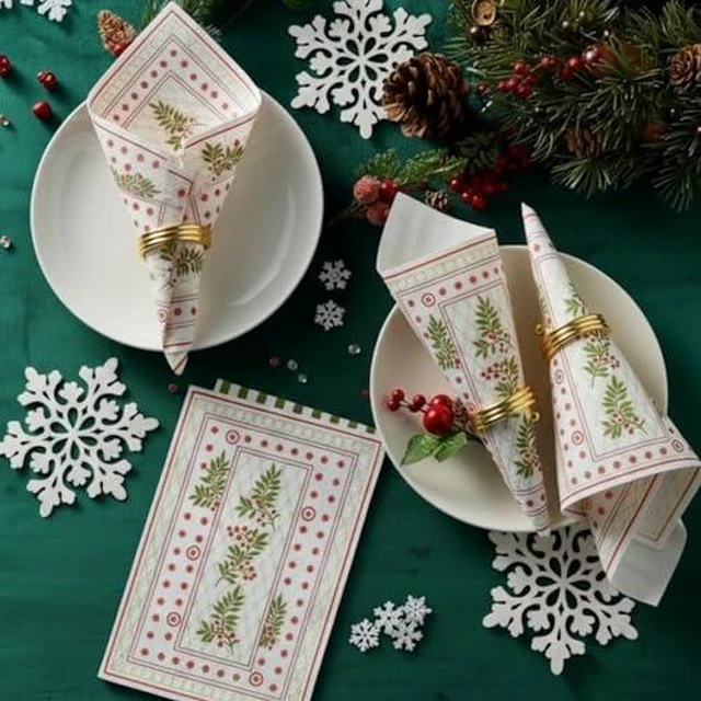 Alt view image 2 of 5 - Napkins Set, 100 Piece Cotton Collection, Red Green Gold Mistletoe Pattern Reusable Cloth Table Dinner Napkins, Elegant Party Tableware for Kitchen Dining Room Celebration or Gift