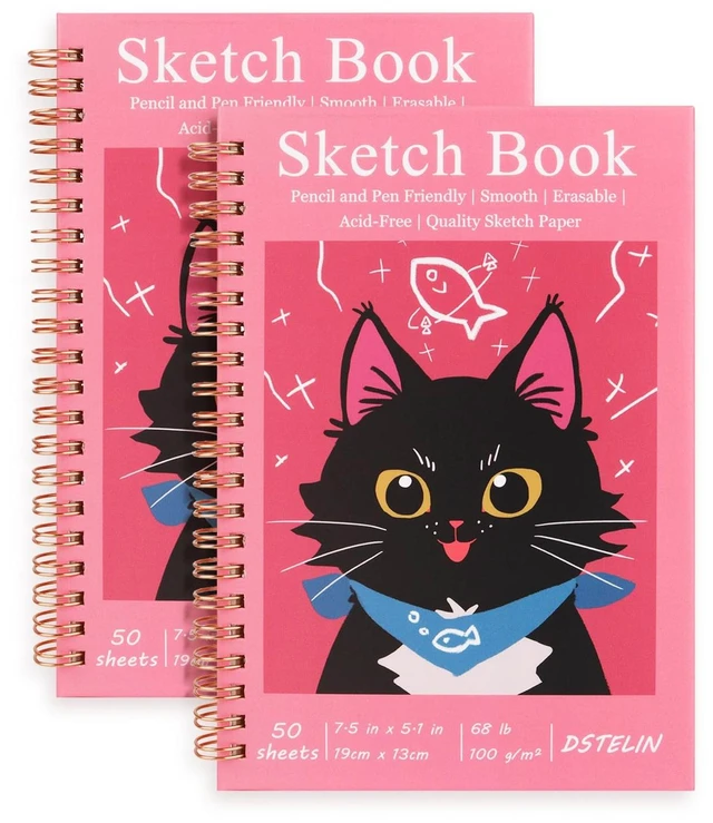 Main image of 2 Pack Spiral Bound Sketchbooks (100 GSM Sketch Paper), 50 Sheets per Pack, 7.5" x 5.1" Sketchbook with Red Hard Cover for Painting, Drawing and Sketching