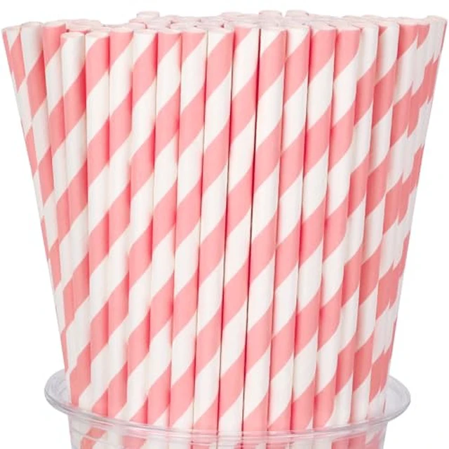 Alt view image 2 of 6 - 100 Packs Pink Biodegradable Striped Paper Straws, Disposable Drinking Straws for Birthday Carnival Summer Pool Party Wedding Baby Shower Halloween Christmas Party Decoration Supplies