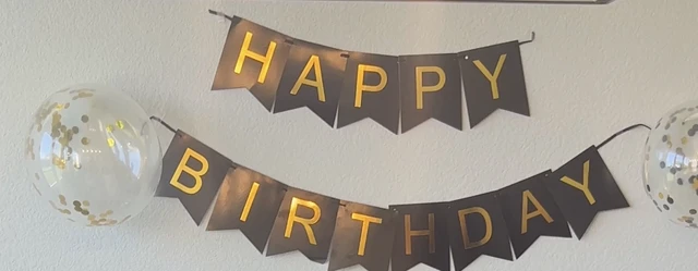 Alt view image 2 of 2 - Fecedy Black Happy Birthday Bunting Banner with Shiny Gold Letters Pre-Strung No DIY for Birthday Party Decorations (Black)