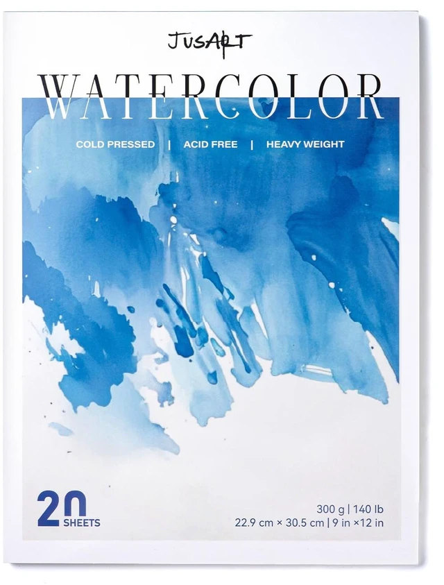 Main image of Jusart Watercolor Paper Pad 9"x12", 300gsm/140lb, Cold Press Water Color Paper, Acid-Free, for Wet & Dry Media, Watercolor, Gouache & Sketching, 20 Sheets, Perfect for Students and Artists