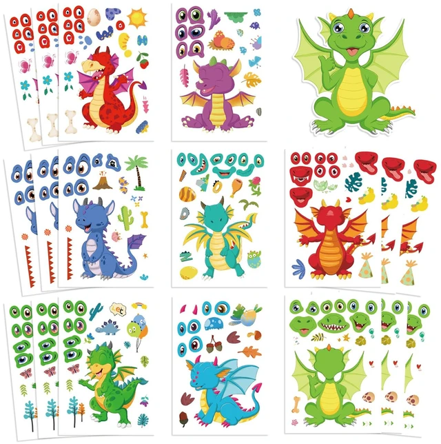 Main image of 16 Sheet Cartoon Dragon Stickers Make Your Own Dragon Sticker for Teens, DIY Make-a-face Sticker Teens Adult Dragons Birthday Party Decorations,Dragons Craft Birthday Party Favor Supplies (Dragon)