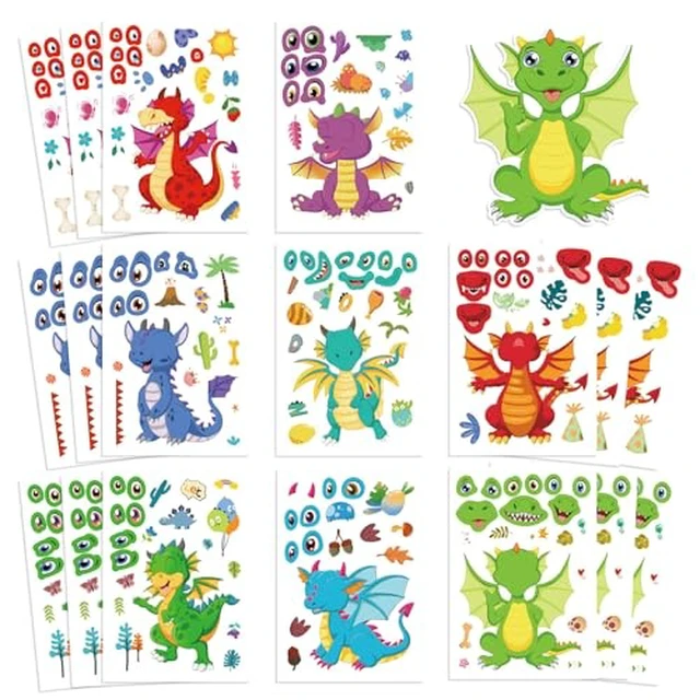Alt view image 2 of 2 - 16 Sheet Cartoon Dragon Stickers Make Your Own Dragon Sticker for Teens, DIY Make-a-face Sticker Teens Adult Dragons Birthday Party Decorations,Dragons Craft Birthday Party Favor Supplies (Dragon)