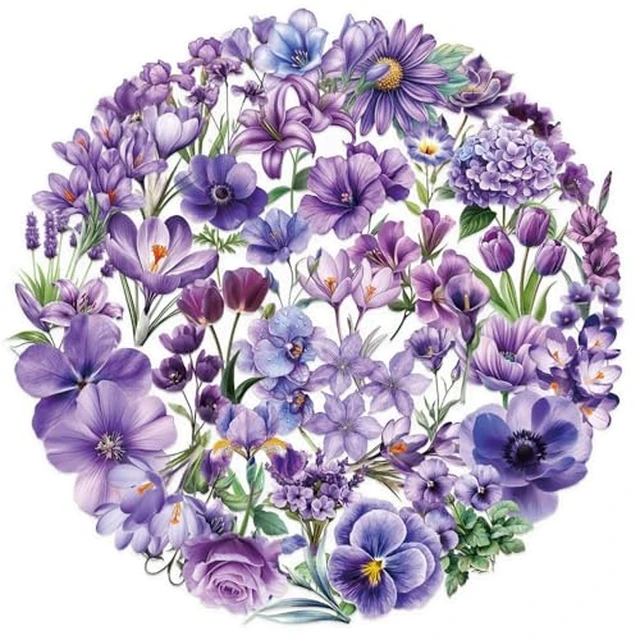 Alt view image 2 of 6 - 50pcs Purple Flower Stickers for Scrapbooking - Waterproof Transparent Floral Botanical Sticker for Journaling, Crafts, Art Projects, Glass Potion Bottles Luggage (Purple)
