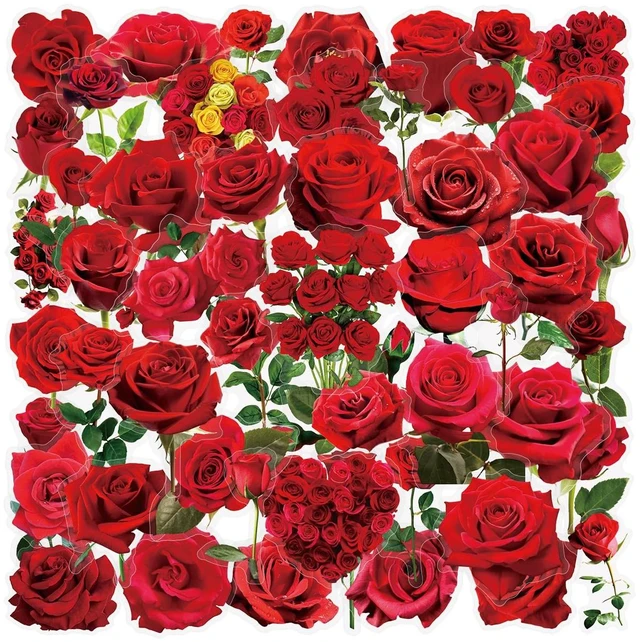 Main image of 50PCS Rose Floral Stickers, Red Plants Decals Clear PET Rose Aesthetic Waterproof Transparent Stickers for Scrapbooking Journaling Junk Journal Scrapbook Supplies Resin Crafts Decorative (red Rose)