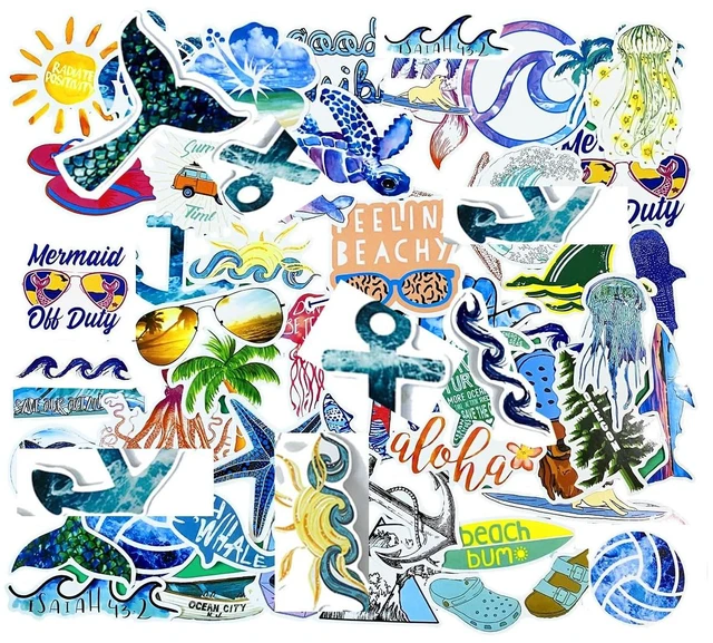 Main image of Beach Stickers 50pcs, Cartoon VSCO Blue Surfing Sun Waves Turtle Stickers for Laptop Water Bottle Decals, Aesthetic Vinyl Decals for Girls, as Gifts (Beachsurfing)