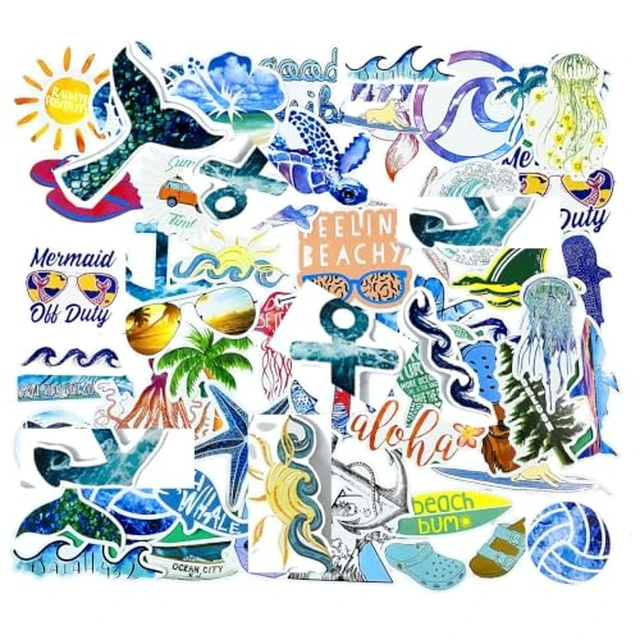 Alt view image 2 of 2 - Beach Stickers 50pcs, Cartoon VSCO Blue Surfing Sun Waves Turtle Stickers for Laptop Water Bottle Decals, Aesthetic Vinyl Decals for Girls, as Gifts (Beachsurfing)
