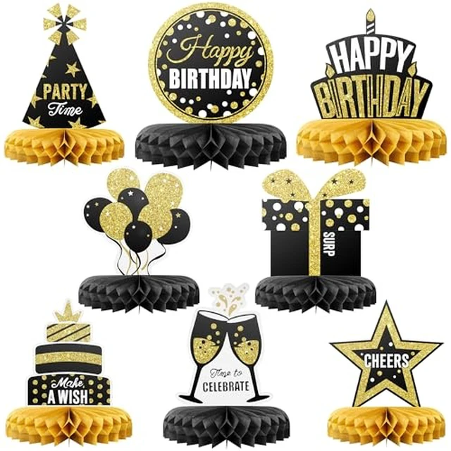 Alt view image 2 of 2 - Happy Birthday Table Decoration Centerpieces - 8 Pieces, Black & Gold - Double-Sided Happy Birthday Centerpieces for Tables - Party Supplies for Elegant Birthday Decorations - by PixiPy