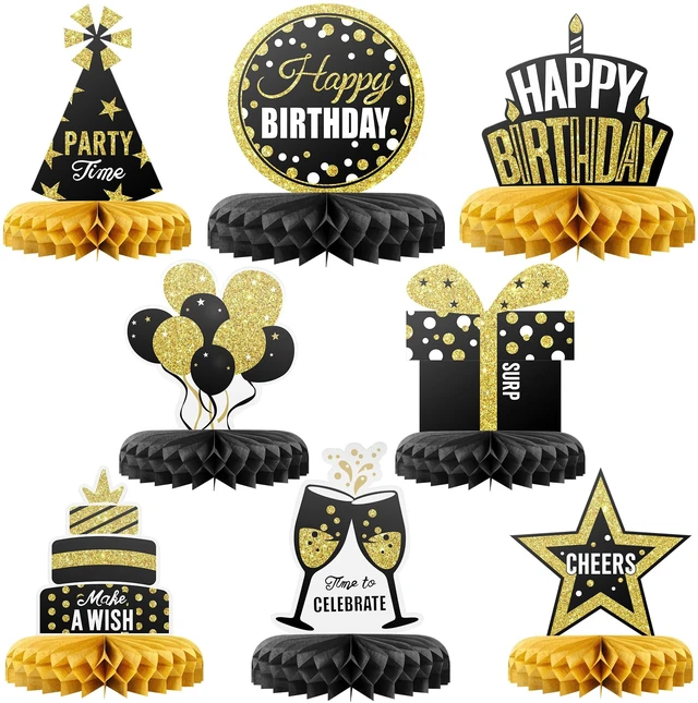 Main image of Happy Birthday Table Decoration Centerpieces - 8 Pieces, Black & Gold - Double-Sided Happy Birthday Centerpieces for Tables - Party Supplies for Elegant Birthday Decorations - by PixiPy
