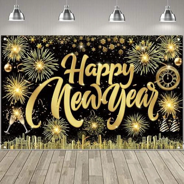 Alt view image 2 of 2 - Happy New Year Fabric Sign Poster Banner Backdrop with Pattern Firework Champagne for Photo Booth Background New Year Party Decorations Supplies