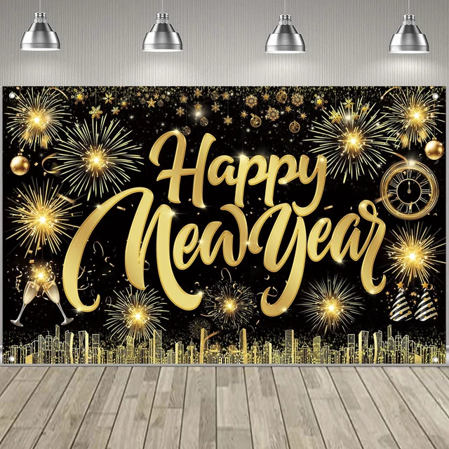 Main image of Happy New Year Fabric Sign Poster Banner Backdrop with Pattern Firework Champagne for Photo Booth Background New Year Party Decorations Supplies