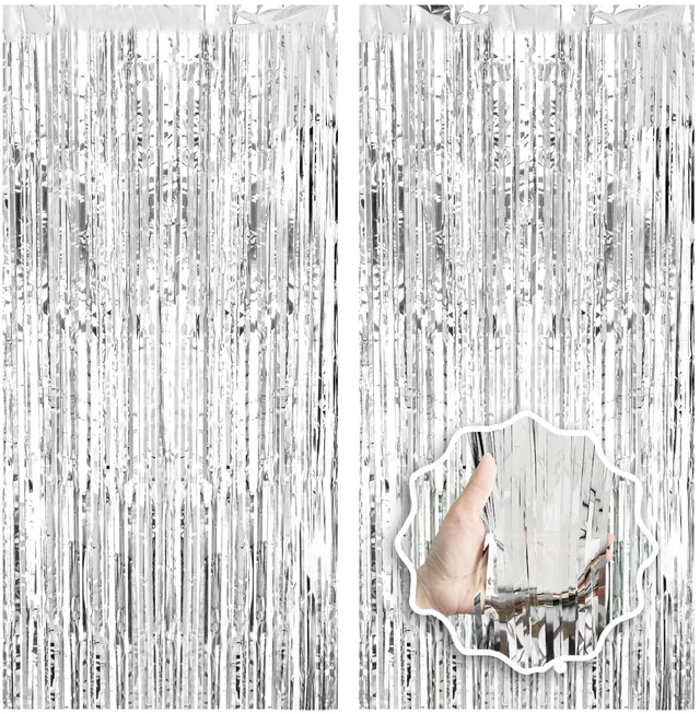 Main image of 2 Pack Foil Curtain Backdrop Curtains Silver Tinsel Door Streamers Birthday Party Decorations Photo Booth Props for Disco Party Graduation Wedding Baby Shower Bachelorette Christmas Gender Reveal