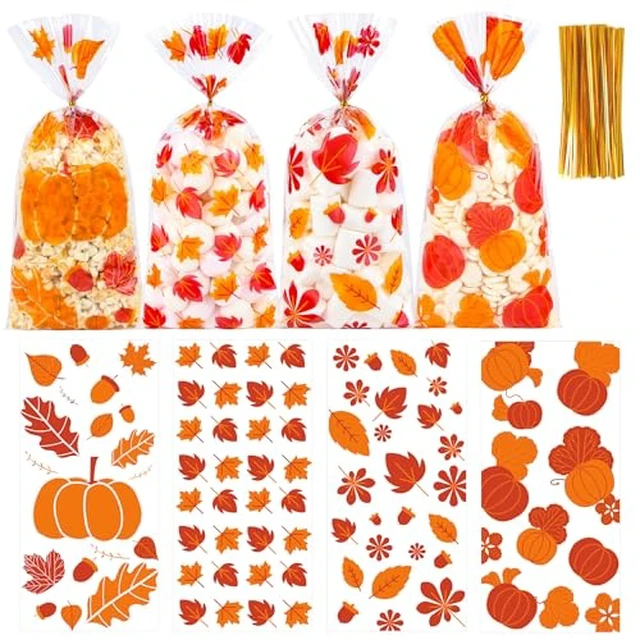Alt view image 7 of 10 - 50 Pcs Thanksgiving Fall Treat Bags with Twist Ties - 5 x 11 Inch Autumn Maple Leaf & Pumpkin Cellophane Goodie Bags - Plastic Candy Gift Bag for Harvest Festival, Cookies, Halloween Party Favors