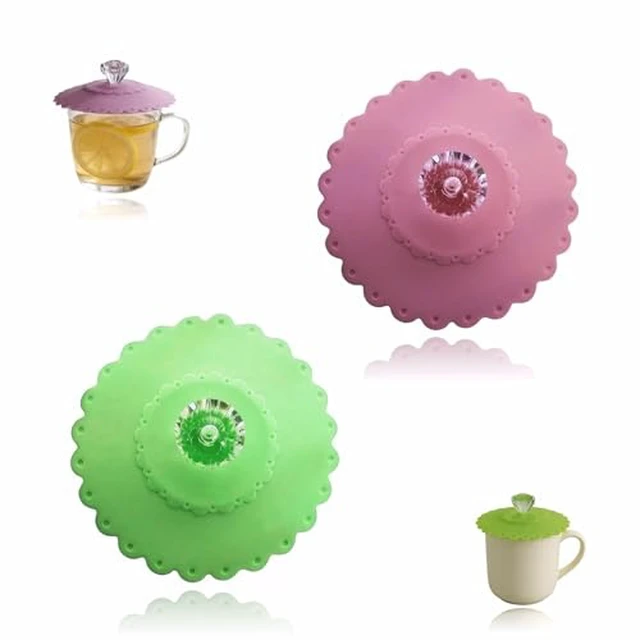 Alt view image 2 of 2 - Silicone Cup Lids with Acrylic Crystal Handle, Food Grade Silicone Hot Cup Lids, Cherry Blossom Pink & Green, 5 Inch Diameter, 2 Pack