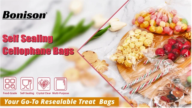 Alt view image 3 of 3 - Bonison Cookie Bags with Seal, 200 PCS 4 x 6 Inch Clear Self Sealing Cellophane Treat Bags for Homemade Cookies, Candy, Bakery Packaging, Party Favors and Gifts