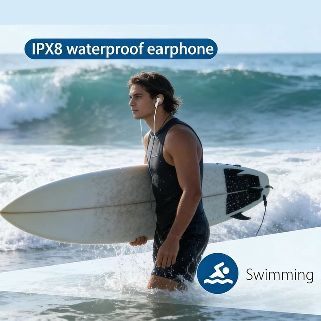Alt view image 4 of 7 - Gugxiom 2 Pack IP68 Swimming Earphones, 3.5mm Short Cord Sport Headphones with Secure Hooks, Wired Buds for Running Surfing, Replacement Tips for MP3 Player