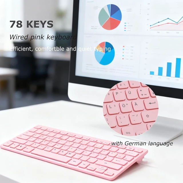 Alt view image 2 of 7 - Gugxiom German & English Keyboard, QWERTZ Layout, 78 Keys Compact Silent USB Wired Flat Keyboard, for PC Laptop, Pink
