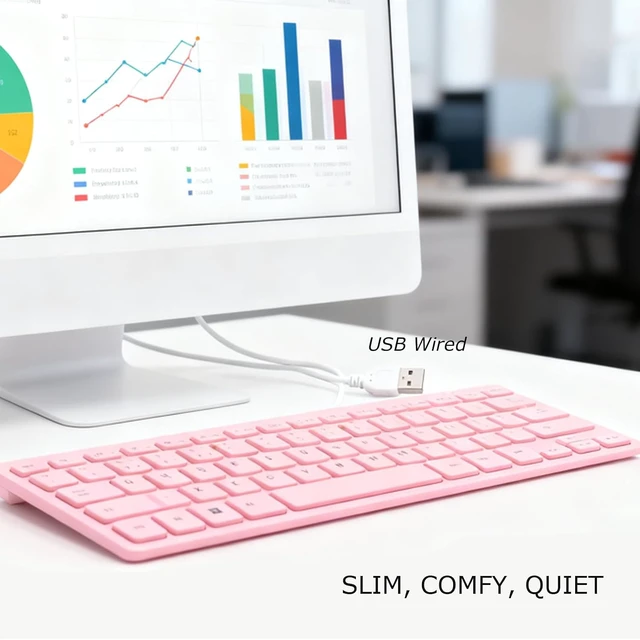 Alt view image 3 of 7 - Gugxiom German & English Keyboard, QWERTZ Layout, 78 Keys Compact Silent USB Wired Flat Keyboard, for PC Laptop, Pink