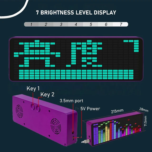 Alt view image 4 of 7 - Gugxiom LED Audio Spectrum Analyzer Display, 12h/24h Clock, RGB 1624 Segment Rhythm Music Spectrum, with 20 Dynamic, for Car, Home