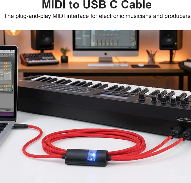 Alt view image 2 of 7 - Gugxiom MIDI to USB C Cable with Input & Output, 2x5 Pin DIN Connector, Plug & Play for Electronic Piano, Keyboard, Guitar Effects, Music Production, 5ft