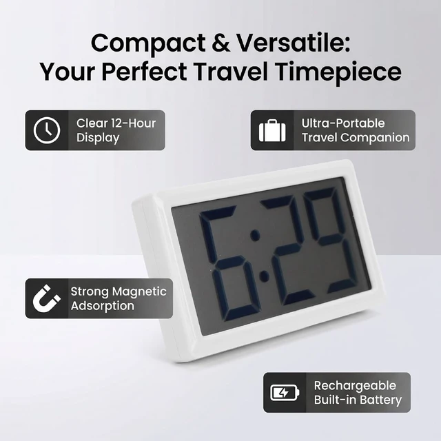 Alt view image 2 of 7 - Gugxiom Small Digital Clock with Magnetic Back, Battery Powered 12 Hour Mini Digital Clock, Desktop or Magnetic Display with Easy to Read LCD Screen (White)