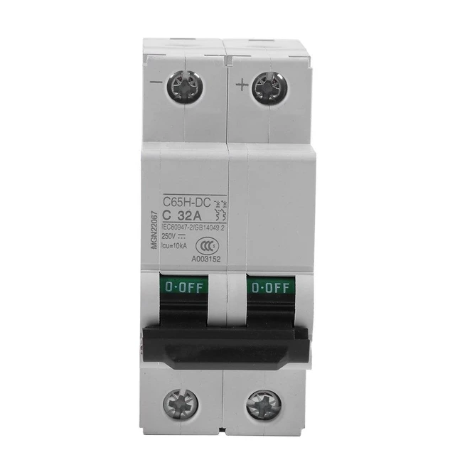 Main image of DC Miniature Circuit Breaker, Low Voltage 2 Pole 250V 32A DIN Rail Mount, DC Disconnect Switch for Solar Panels Grid DC System (32A)