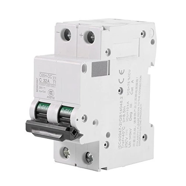 Alt view image 5 of 6 - DC Miniature Circuit Breaker, Low Voltage 2 Pole 250V 32A DIN Rail Mount, DC Disconnect Switch for Solar Panels Grid DC System (32A)