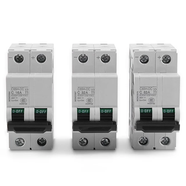 Alt view image 3 of 6 - DC Miniature Circuit Breaker, Low Voltage 2 Pole 250V 32A DIN Rail Mount, DC Disconnect Switch for Solar Panels Grid DC System (32A)