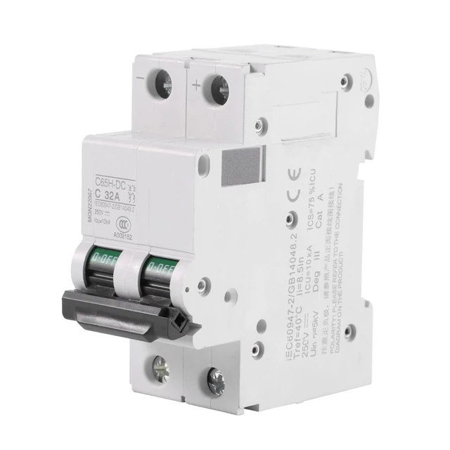 Alt view image 2 of 6 - DC Miniature Circuit Breaker, Low Voltage 2 Pole 250V 32A DIN Rail Mount, DC Disconnect Switch for Solar Panels Grid DC System (32A)
