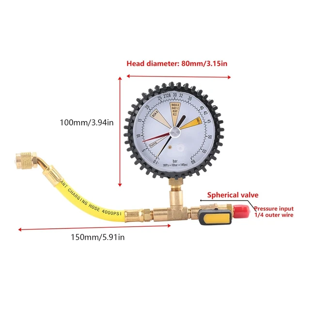 Alt view image 5 of 7 - Nitrogen Pressure Test Gauge for Air Conditioning, Refrigerant, Car, A/C Refrigeration Tool for R134a, R22, R407C, R410A, R404A, R507, R422D, R32, 1/4 SAE inch