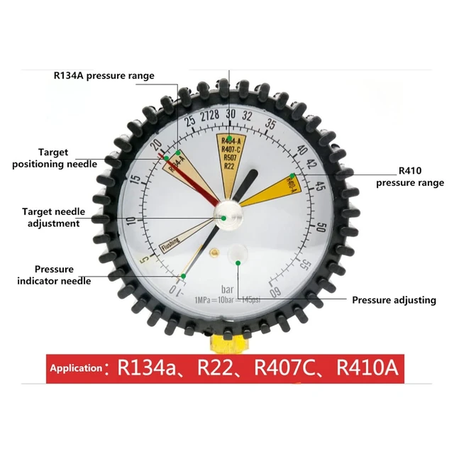 Alt view image 4 of 7 - Nitrogen Pressure Test Gauge for Air Conditioning, Refrigerant, Car, A/C Refrigeration Tool for R134a, R22, R407C, R410A, R404A, R507, R422D, R32, 1/4 SAE inch