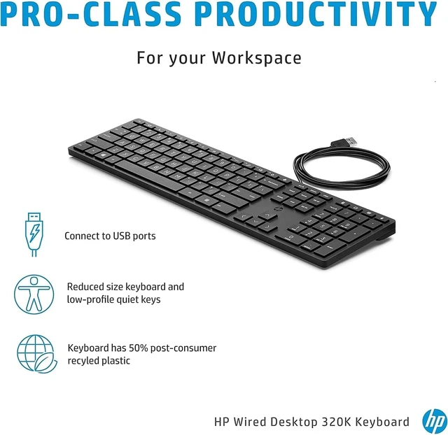 Alt view image 3 of 5 - HP Wired Desktop 320K Keyboard - Cable Connectivity - USB Interface - Desktop Computer - Windows - Plunger Keyswitch