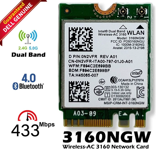 Alt view image 5 of 5 - OEM Dell Intel Dual Band Wireless-AC 3160 Wifi & Bluetooth Card 0N2VFR N2VFR