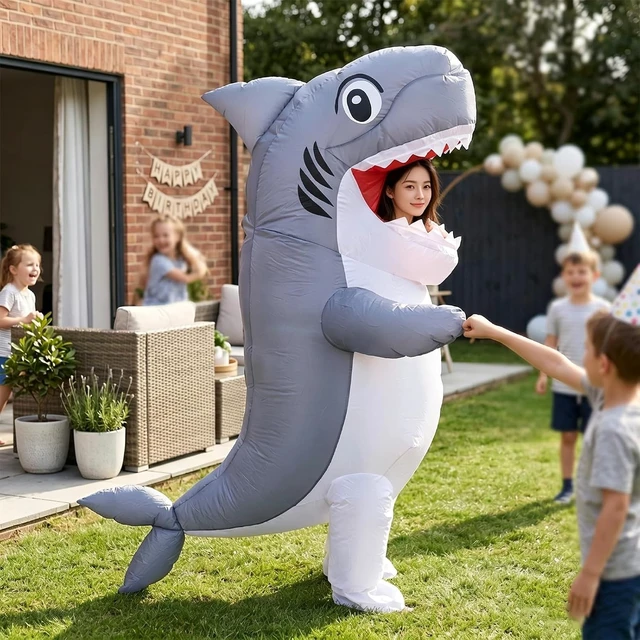Alt view image 5 of 7 - LICAEVEY Inflatable Costume Suit, Funny Blow Up Animal Costume for Adult with Battery Powered Fan, Gray White Inflatable Fish Cosplay for Halloween Party, Water Proof