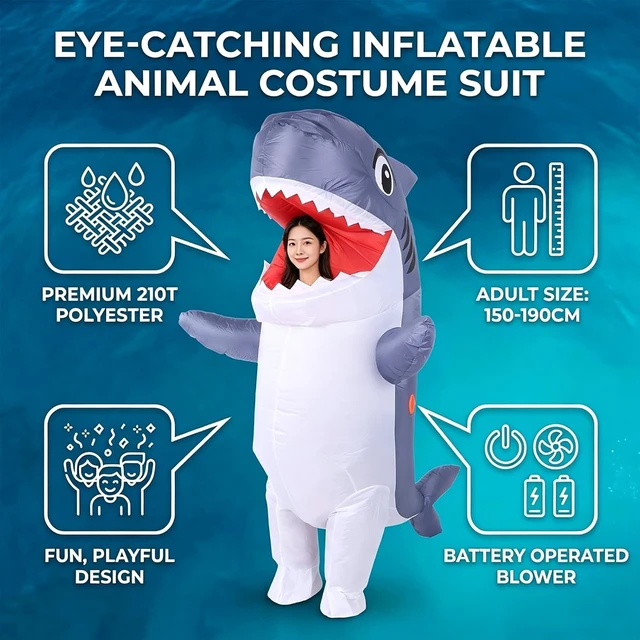 Alt view image 3 of 7 - LICAEVEY Inflatable Costume Suit, Funny Blow Up Animal Costume for Adult with Battery Powered Fan, Gray White Inflatable Fish Cosplay for Halloween Party, Water Proof