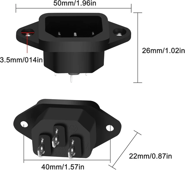 Alt view image 2 of 7 - XMSJSIY IEC320 C14 Panel Mount AC Power Plug Adapter 250V 10A -10 PCS
