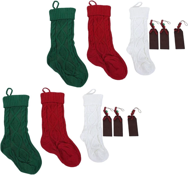 Main image of LICAEVEY Knitted Xmas Stockings 6 Pack, 18 Inch Large Hanging Set with Wooden Name Tags, Holiday Decor for Fireplace Mantel, White Red Green for Christmas Party Gifts