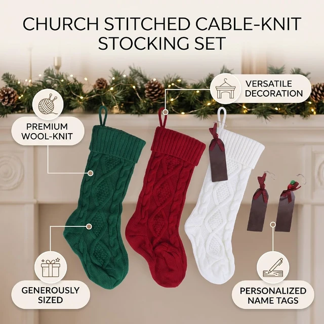 Alt view image 2 of 7 - LICAEVEY Knitted Xmas Stockings 6 Pack, 18 Inch Large Hanging Set with Wooden Name Tags, Holiday Decor for Fireplace Mantel, White Red Green for Christmas Party Gifts