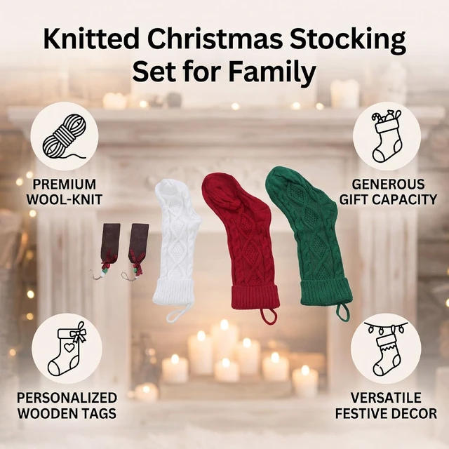 Alt view image 3 of 7 - LICAEVEY Knitted Xmas Stockings 6 Pack, 18 Inch Large Hanging Set with Wooden Name Tags, Holiday Decor for Fireplace Mantel, White Red Green for Christmas Party Gifts