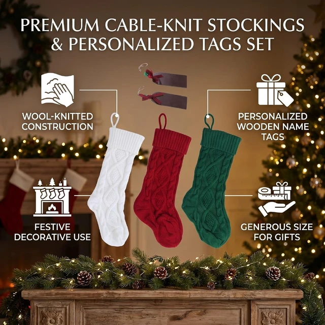 Alt view image 5 of 7 - LICAEVEY Knitted Xmas Stockings 6 Pack, 18 Inch Large Hanging Set with Wooden Name Tags, Holiday Decor for Fireplace Mantel, White Red Green for Christmas Party Gifts
