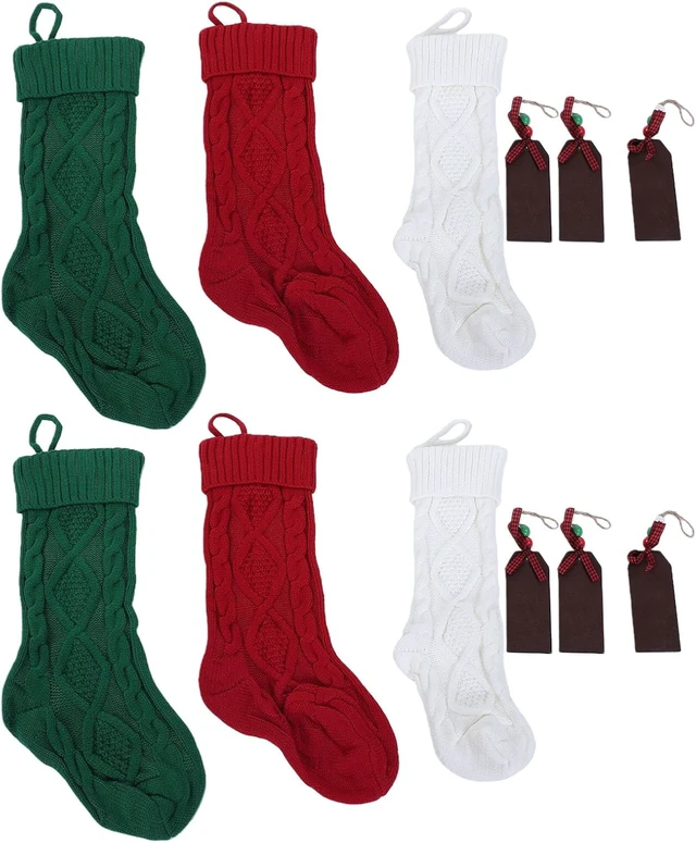 Alt view image 6 of 7 - LICAEVEY Knitted Xmas Stockings 6 Pack, 18 Inch Large Hanging Set with Wooden Name Tags, Holiday Decor for Fireplace Mantel, White Red Green for Christmas Party Gifts