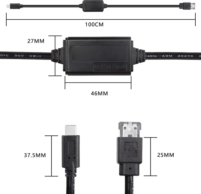 Alt view image 2 of 7 - XMSJSIY USB-C Type-C to eSATA Adapter Cable 5Gbps - 3 ft/1M