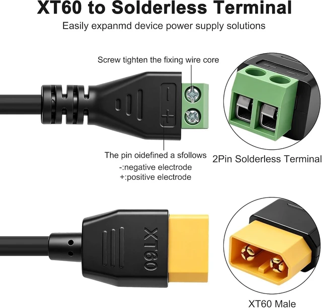 Alt view image 3 of 7 - XMSJSIY 2Pack XT60 Male to 2 Pin Solderless Screw Terminal Adapter Cable