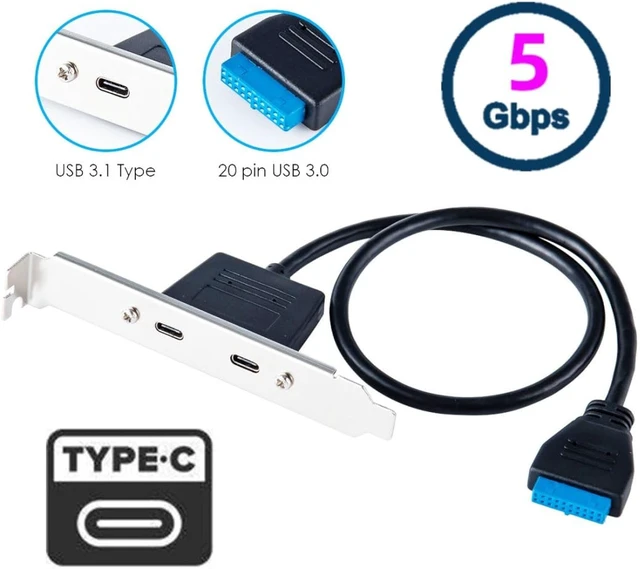 Alt view image 3 of 7 - chenyang USB 3.0 Front Panel Header 19/20Pin 1 Male to 2 USB C Female Chassis Back Panel Port Extension Cable with 12cm PCI-E Slot Bracket